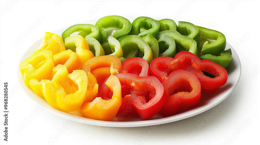 a plate of bell pepper slices in red, yellow, and green against an isolated white background a plate of bell pepper slices in red, yellow, and green against an isolated white background