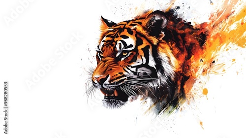 A detailed, artistic illustration of a tiger with a fierce expression, positioned on a bright white background. The design emphasizes the tiger s dramatic stripes and powerful  photo