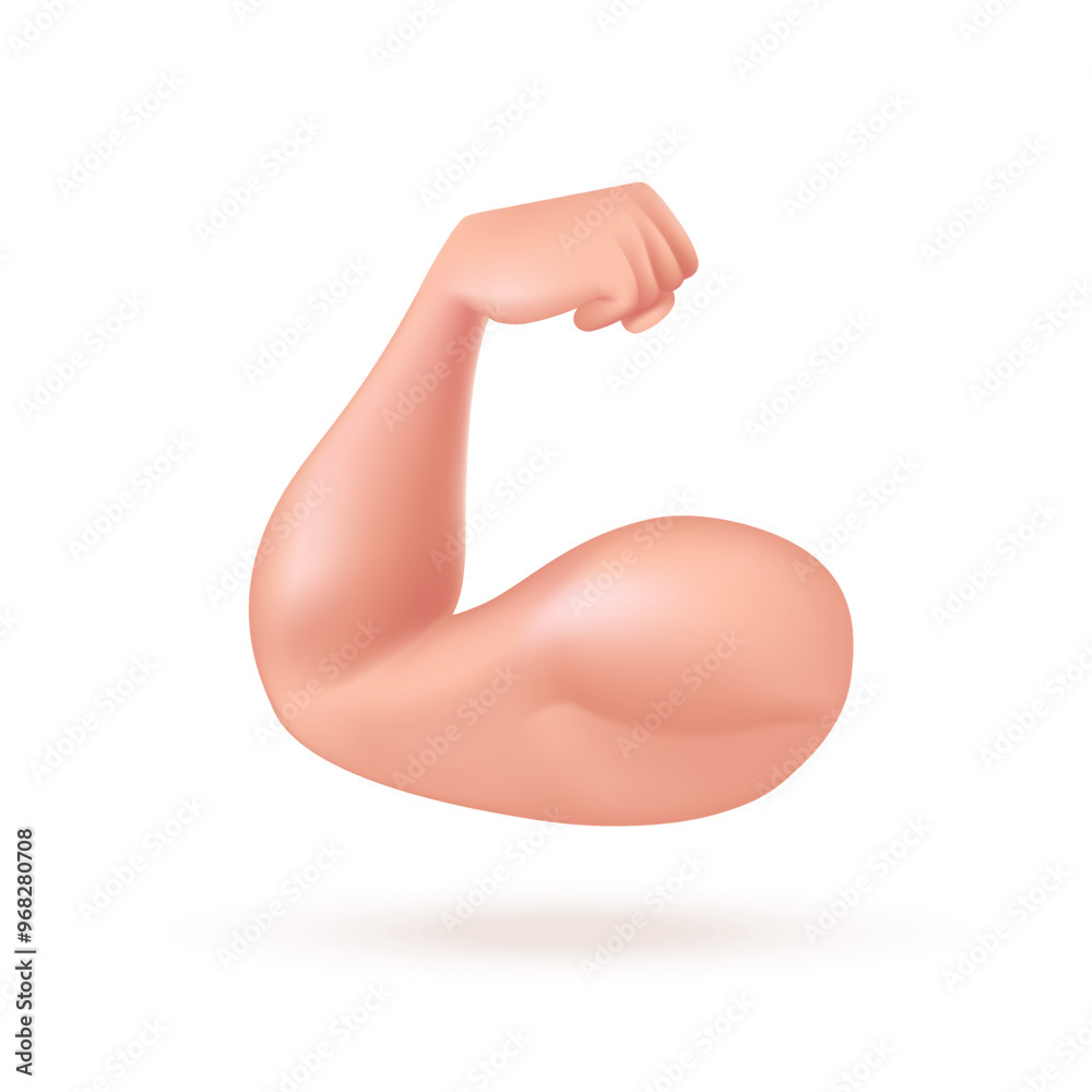 Fototapeta premium Flexed biceps icon in 3d style. Muscle arm isolated on white background. Fit and strong muscular hand - bodybuilding symbol. Element for your design. Vector illustration.