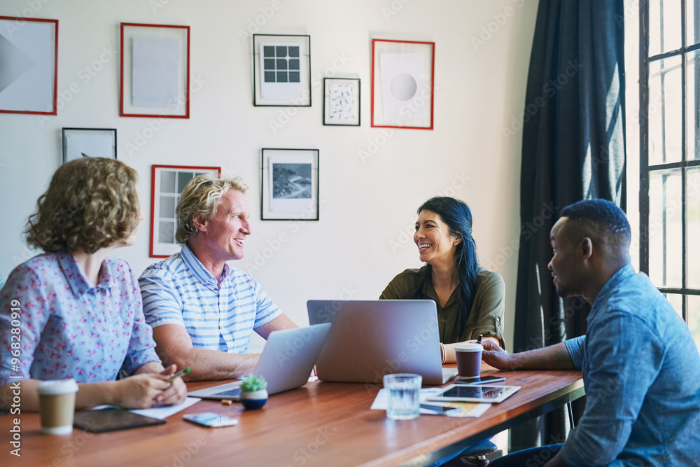 Business people, meeting and laptop collaboration in office with diversity and planning for news schedule. Digital, tech and teamwork for content creation and work conversation at press agency