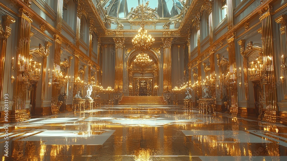 Golden Hallway With Statues and Chandeliers in a Grand Palace Golden Hallway With Statues and Chandeliers in a Grand Palace