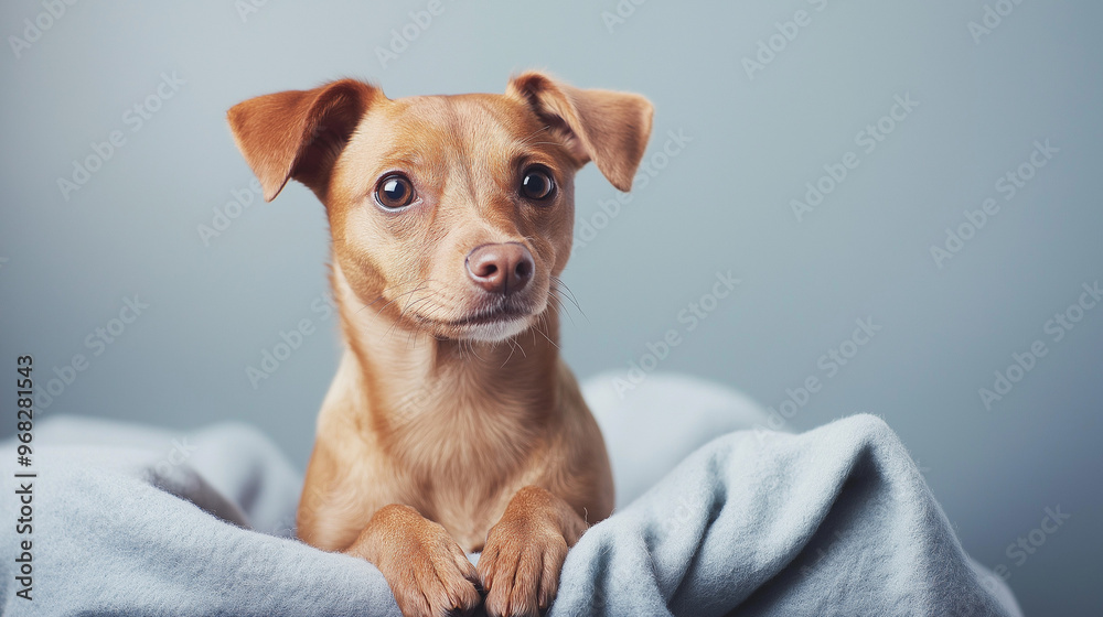 a small shelter dog sitting on a blanket, looking out from a kennel with hopeful eyes against an isolated soft blue-gray background a small shelter dog sitting on a blanket, looking out from a kennel with hopeful eyes against an isolated soft blue-gray background