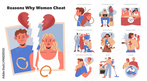 Reasons Why Women Cheat. Flat Vector Illustration