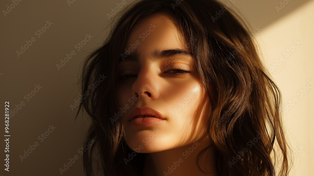 a woman in her 20s with a thoughtful expression, gazing slightly downward with natural, loose hair and a soft complexion against an isolated soft beige background a woman in her 20s with a thoughtful expression, gazing slightly downward with natural, loose hair and a soft complexion against an isolated soft beige background