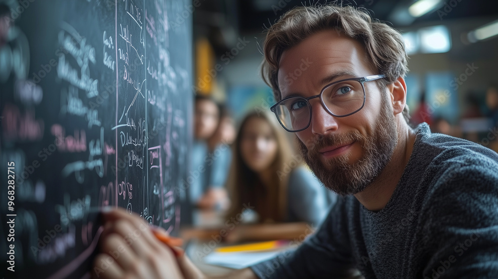 A teacher writing complex math formulas on a chalkboard, students eagerly watching. A teacher writing complex math formulas on a chalkboard, students eagerly watching.
