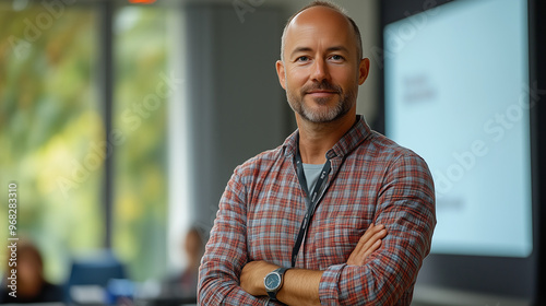 A teacher standing in front of a projector, delivering a PowerPoint presentation.