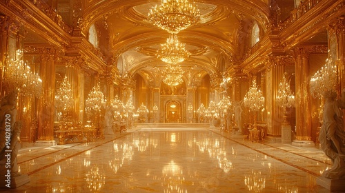 Golden Hallway With Statues and Chandeliers in a Grand Palace 