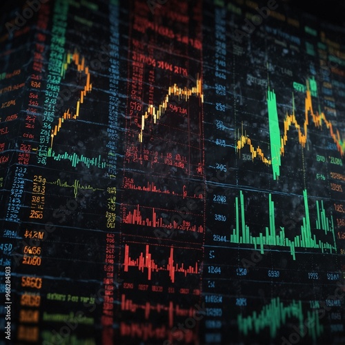 Stock market graph charts showing data and trends in real-time display. photo