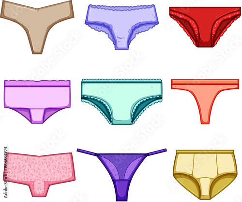 women panties set cartoon. briefs thongs, hipsters bikinis, seamless cotton women panties sign. isolated symbol vector illustration