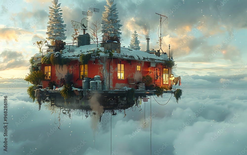 A small, orange house with windows and snow on the roof floats in the sky above white clouds. A small, orange house with windows and snow on the roof floats in the sky above white clouds.