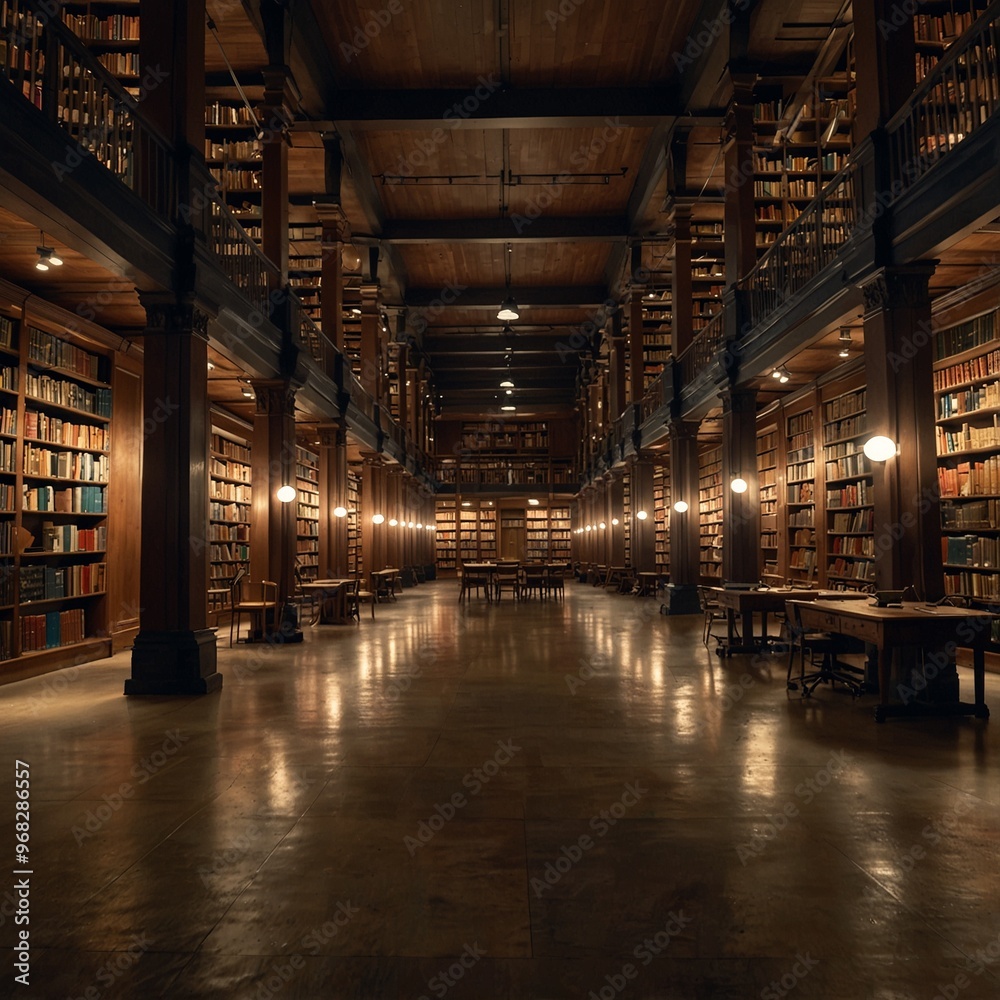 A quiet and dimly lit library lined with towering bookshelves at night. A quiet and dimly lit library lined with towering bookshelves at night.