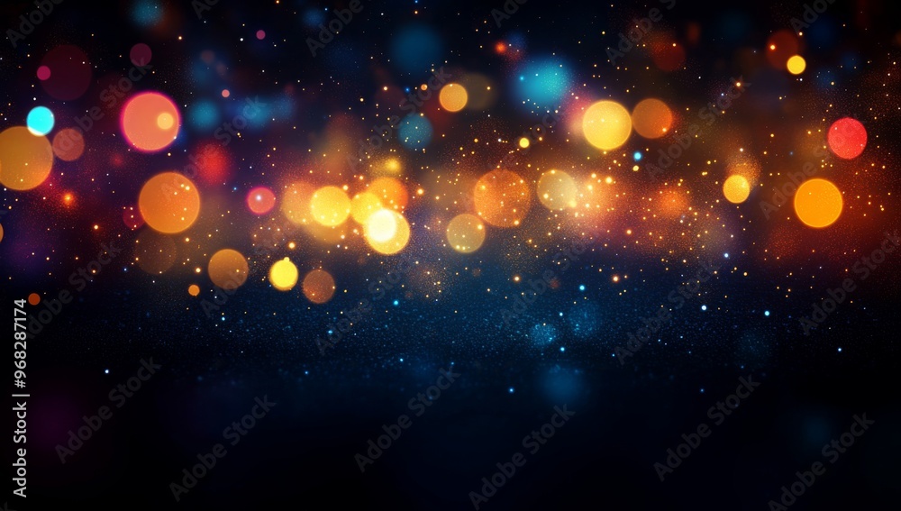 Obraz premium Multicolor bokeh, raining light, blurry lights, blurry background, rainbow confettis on a black background, colorful, night lights, city lights, haze, depth of field, round bokeh, circle bokeh