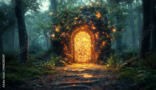 Fotografie Spectacular fantasy scene with a portal archway covered in creepers