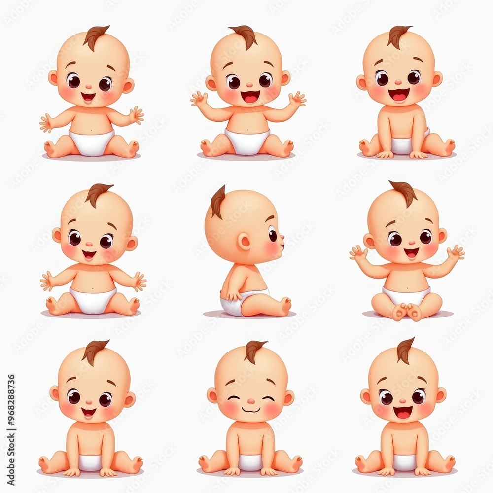 Cute Baby Cartoon Illustrations Showing Different Emotions and Poses - Perfect for Baby Products and Children's Books Cute Baby Cartoon Illustrations Showing Different Emotions and Poses - Perfect for Baby Products and Children's Books