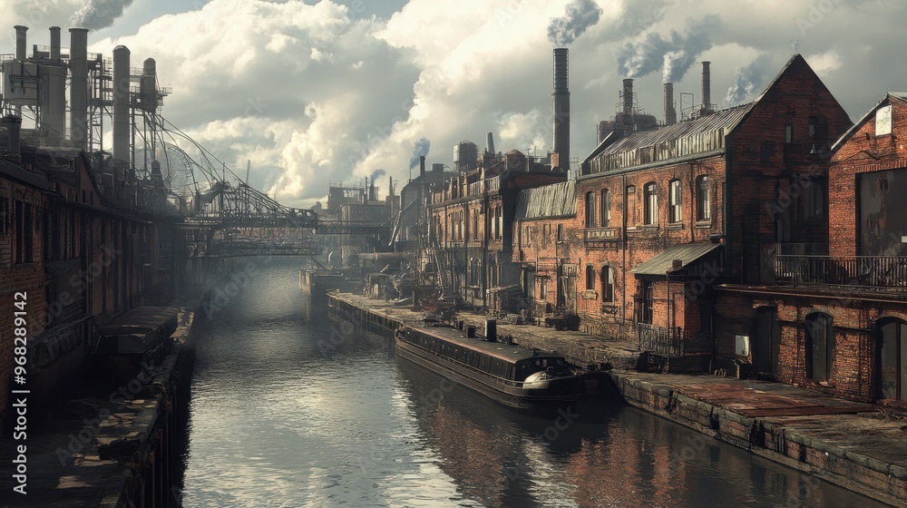 Fototapeta premium A canal running through an industrial area, with old factories lining the waterway.