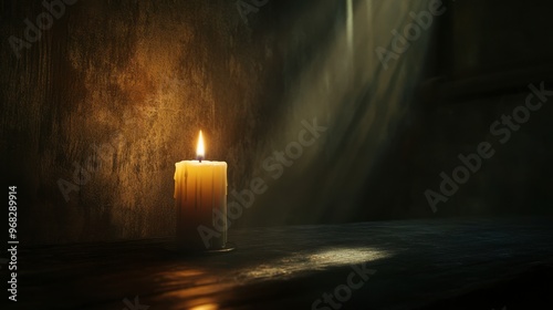 A candle burning in a dark room, with the flame providing the only light and casting long shadows on the walls.