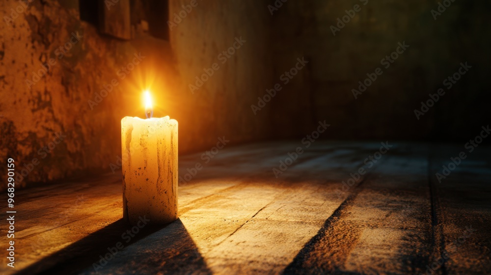 A candle burning in a dimly lit room, with the flame providing the only light and casting long shadows on the walls.