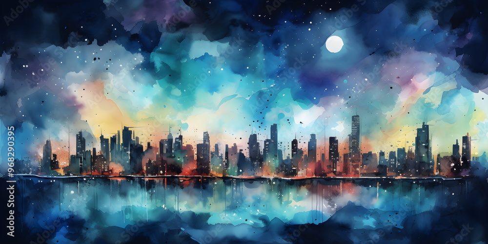 Fototapeta premium Abstrakte Skyline bei Nacht mit farbenfroher Reflexion im Wasser – Aquarell-Stil - Ai-Ki generiert