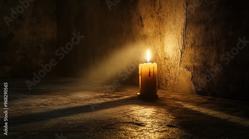 A candle burning in a dimly lit room, with the flame providing the only light and casting long shadows on the walls.