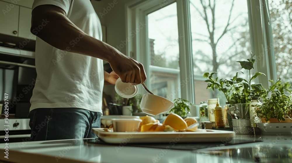 Preparing a healthy breakfast in a sunny kitchen with fresh ingredients and vibrant greenery in the background during early morning hours Preparing a healthy breakfast in a sunny kitchen with fresh ingredients and vibrant greenery in the background during early morning hours