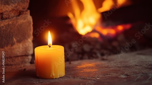 A candle burning in a fireplace, with the flame casting a warm glow over the hearth and creating a cozy atmosphere.