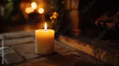 A candle burning in a fireplace, with the flame casting a warm glow over the hearth and creating a cozy atmosphere.