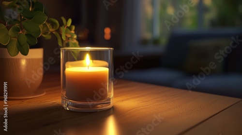 A candle burning in a glass holder, with the flame casting a warm glow over the surrounding area.