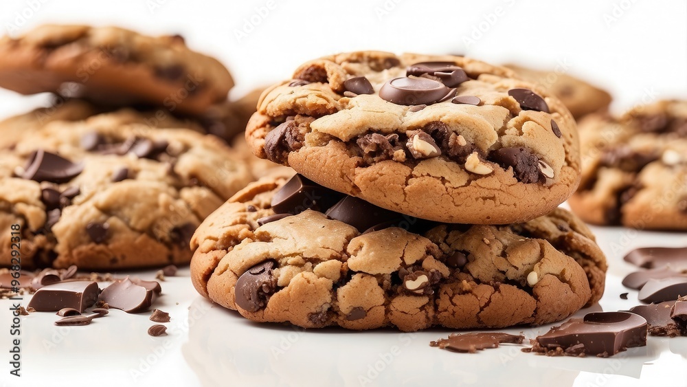 A batch of chocolate chunk cookies cooling on a rack, with generous chunks of chocolate and a perfectly baked texture, isolated on white background. A batch of chocolate chunk cookies cooling on a rack, with generous chunks of chocolate and a perfectly baked texture, isolated on white background.