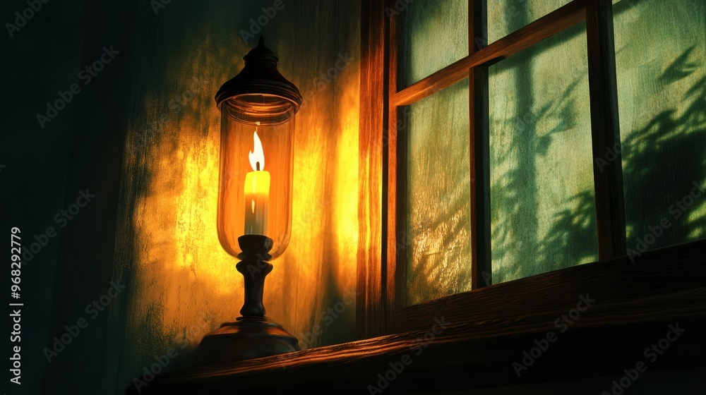 A candle burning in a hurricane lamp, with the flame dancing inside the glass and casting shadows on the walls.