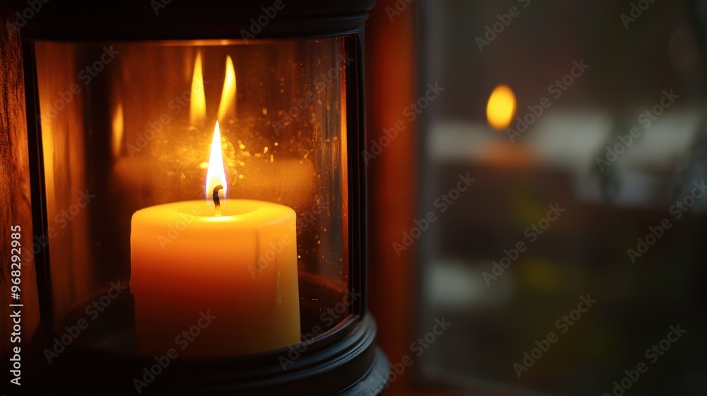 A candle burning in a hurricane lamp, with the flame dancing inside the glass and casting shadows on the walls. A candle burning in a hurricane lamp, with the flame dancing inside the glass and casting shadows on the walls.