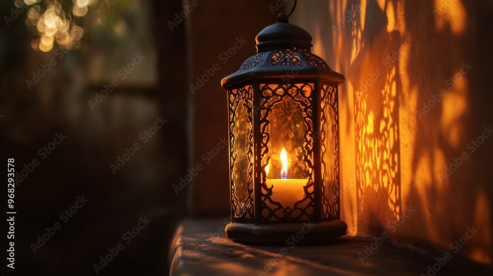 A candle burning in a lantern, with the light softly illuminating the glass and casting patterns on the walls. A candle burning in a lantern, with the light softly illuminating the glass and casting patterns on the walls.