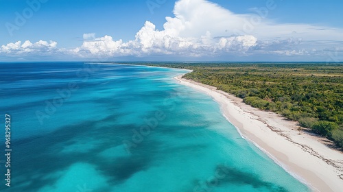 A drone shot of a pristine coastline with turquoise ocean water and white sand beaches.