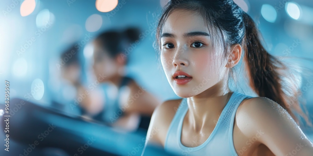 Close-up of a focused young woman working out on a treadmill at the gym, with soft lighting and other athletes in the background. Close-up of a focused young woman working out on a treadmill at the gym, with soft lighting and other athletes in the background.