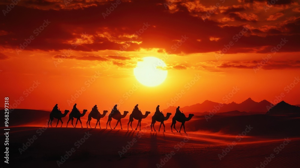 A caravan of camels silhouetted against the setting sun, making their way across the desert dunes. A caravan of camels silhouetted against the setting sun, making their way across the desert dunes.