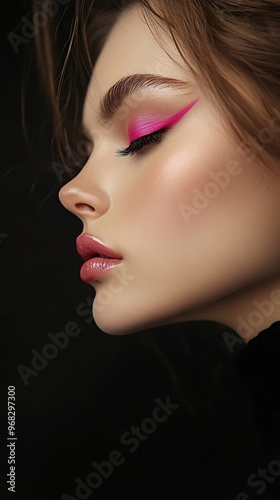 Pink graphic eyeliner makeup on a woman with closed eyes. Beautiful fashion and beauty portrait with bold colorful makeup.