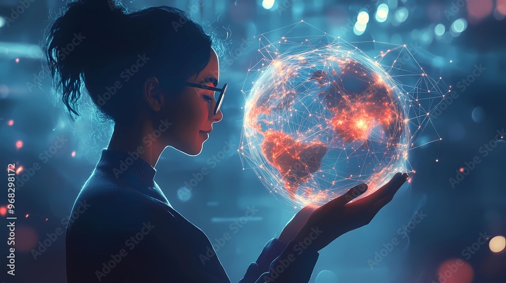 Naklejka premium teacher woman with glowing globe in a hand