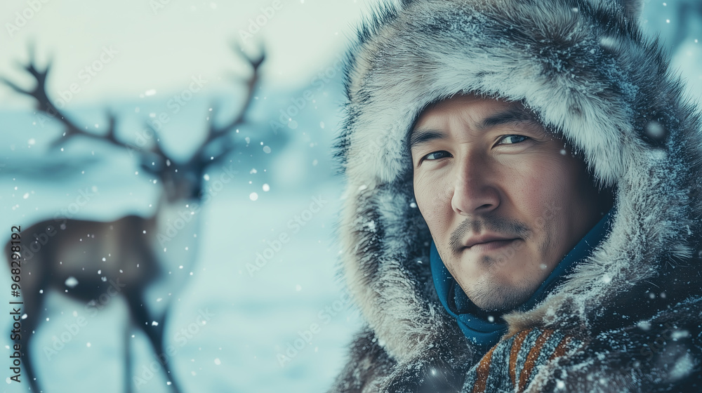 Inuit Man in Traditional Fur Clothing with a Reindeer