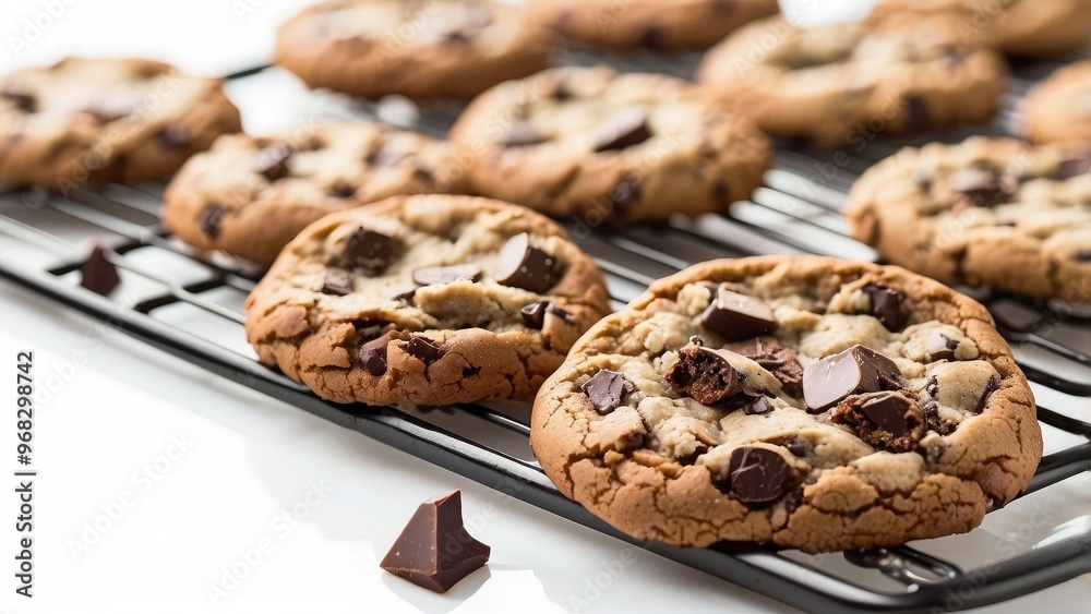 A batch of chocolate chunk cookies cooling on a rack, with generous chunks of chocolate and a perfectly baked texture, isolated on white background.