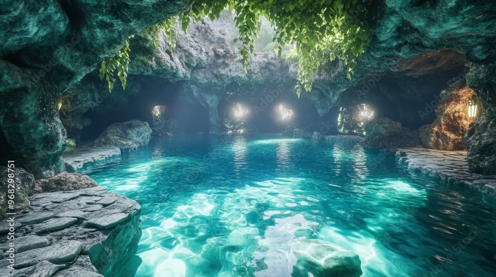 A cave with a series of small, interconnected pools, each filled with crystal-clear water. A cave with a series of small, interconnected pools, each filled with crystal-clear water.
