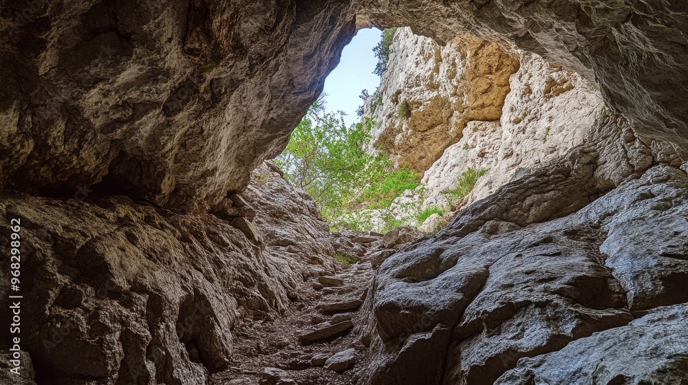 A cave with a steep, rocky slope leading down to a hidden chamber, accessible only by climbing. A cave with a steep, rocky slope leading down to a hidden chamber, accessible only by climbing.
