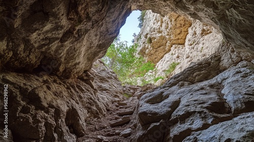 A cave with a steep, rocky slope leading down to a hidden chamber, accessible only by climbing.