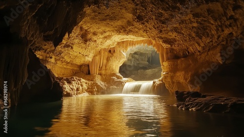 A cave with a subterranean river flowing through it, the water carving its way through the rock over millennia.