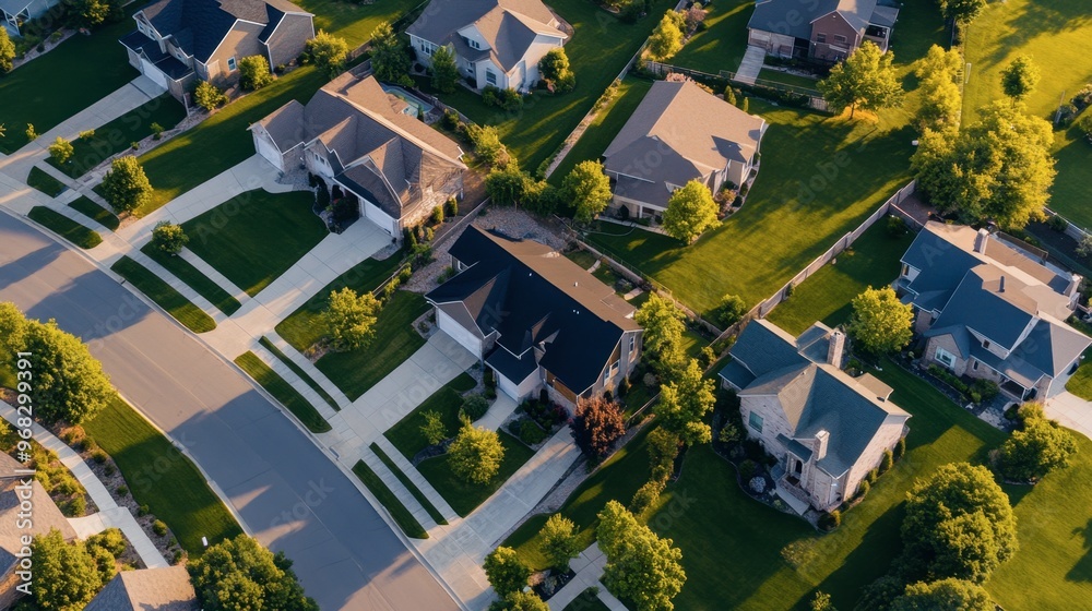 Fototapeta premium Aerial view of a neighborhood with rows of houses, each with well-maintained lawns and driveways.