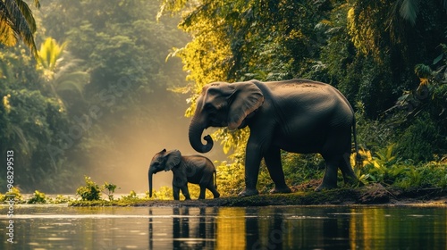 An elephant mother and calf walking along a riverbank, with lush greenery in the background.