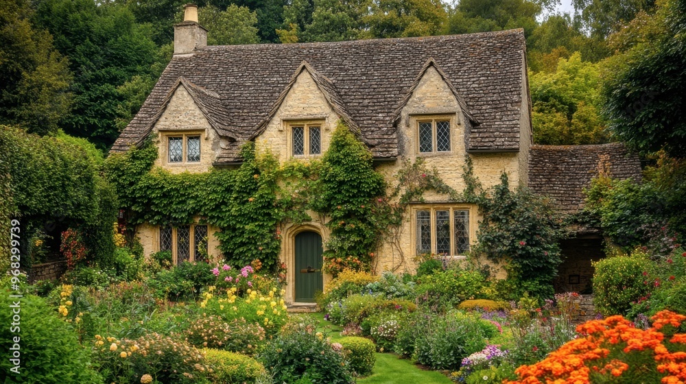 Obraz premium A charming English cottage with ivy climbing the walls and a garden full of flowers.