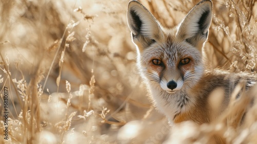 A close-up of a desert fox, blending in with its surroundings as it searches for food. photo