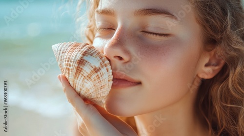 A close-up of a girl holding a seashell to her ear on the beach, listening to the sound of the ocean.