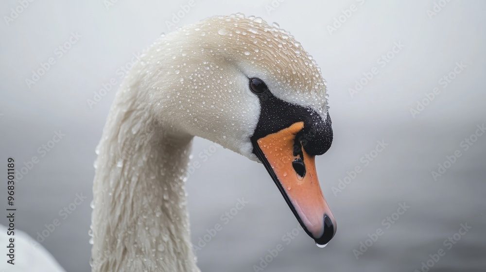 Obraz premium A close-up of a swan head and neck, with water droplets visible on its smooth white feathers.