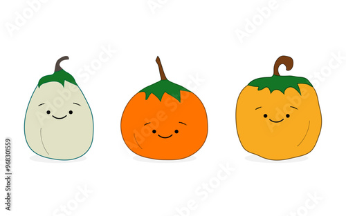 Funny vegetable cartoon. Set of colorful smiling pumpkins