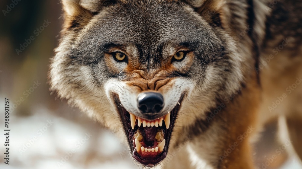 Naklejka premium A close-up of a wolf teeth, bared in a snarl, showing its fierce and powerful nature.